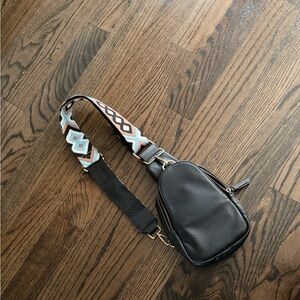 Anthropologie Black Crossbody Sling Bag with Patterned Strap
